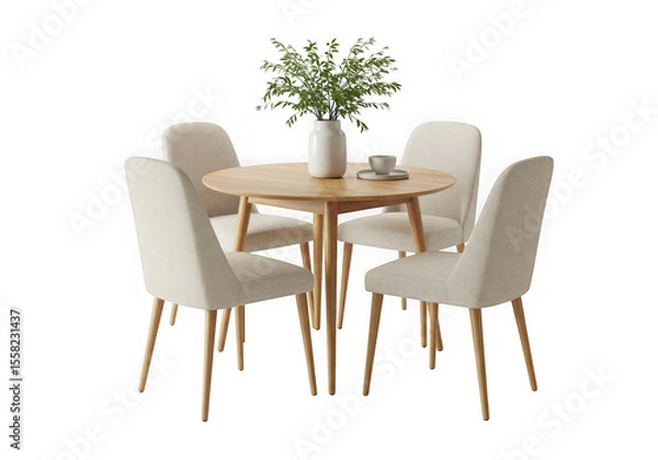 Fototapeta Modern round dining table with four upholstered chairs and plant