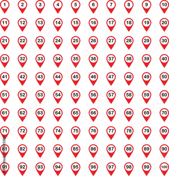 Fototapeta Numbered Location Pin Icons – Map Marker Symbol Set 1 to 100 – Transparent Vector