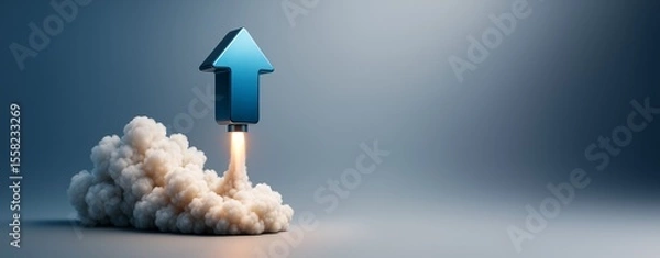 Fototapeta Blue upward arrow launching like a rocket with smoke on clean gradient background for business growth or success concept with copyspace on side.