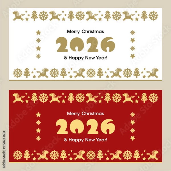 Fototapeta Two rectangular Christmas cards. Gold text 2026, Merry Christmas, Happy New Year on red and white background. Ratio 2:1. Border of snowflakes, fir trees, stars, symbol of Chinese New Year - cute horse