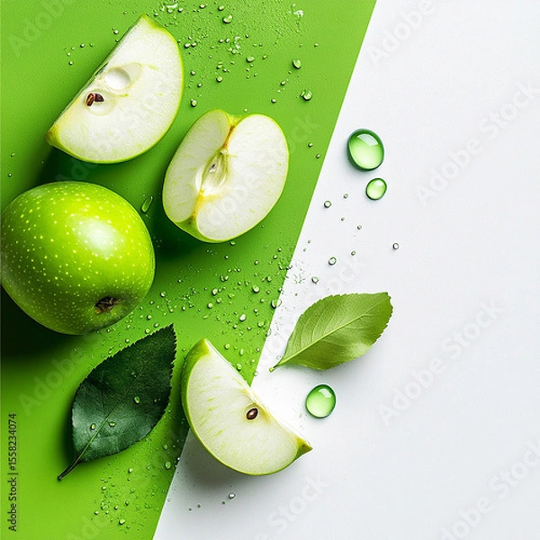 Fototapeta Fresh Green Apples and Slices with Water Droplets made with generating AI