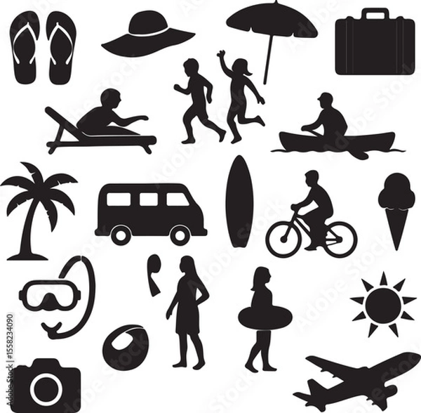 Obraz Summer vibes: silhouettes of surfing, kayaking, biking, kids playing, palm trees, sun, suitcase, and beach tools. Great for seasonal, travel, and tropical-themed artwork.