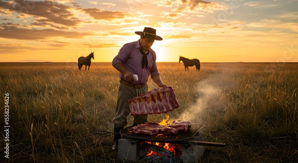 Fototapeta A gaucho grilling meat over a campfire in a field during sunset