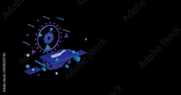 Fototapeta White pan symbol on a pedestal of abstract geometric shapes floating in the air. Abstract concept art with flying shapes on the left. 3d illustration on black background