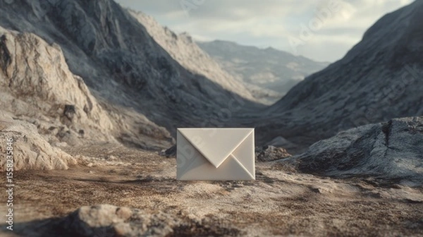 Fototapeta White envelope at the bottom of mountain range. Unread message. Letter. Post service. Mail delivery