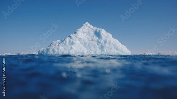 Fototapeta A melting iceberg peak. Global warming. Top of a glacier floating in the ocean and its snowy cover glittering on sun. White ice piece shot from the blue water surface