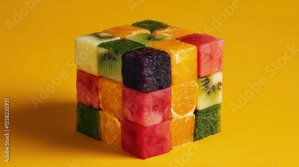 Fototapeta This food cube is a source of viral vitamins. Healthy snack. Pulp of: watermelon, orange, grape, kiwi. Nutrition