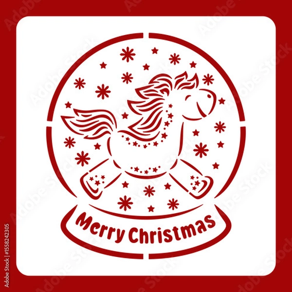 Fototapeta Stencil snow globe with cute horse. Christmas decoration with Chinese New Year symbol - a cheerful happy pony. Vector template for plotter laser cutting of paper, wood carving, metal engraving, cnc.