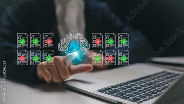 Obraz AI technology for document verification and data validation. Businessman using artificial intelligence to analyze and authenticate digital documents with checkmarks and error indicators.