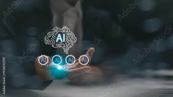 Obraz Artificial intelligence technology and automation system. Businessman controlling AI processes through virtual interface with gear icons, symbolizing machine learning and innovation.