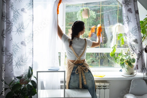Fototapeta Woman in rubber gloves and apron manually washes window of house with rag cleaner and mop inside interior with home plants on windowsill. Restoring order and cleanliness in spring, cleaning servise