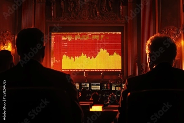 Obraz Courtroom Scene with Digital Screen Displaying Stock Market Data in a Traditional Setting