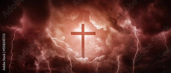 Obraz The silhouete of the cross and sunlight as a symbol of the Christian faith and a stormy sky with lightnings as a symbol of mortal life full of trials. Concept on the theme of God, paradise, religion.