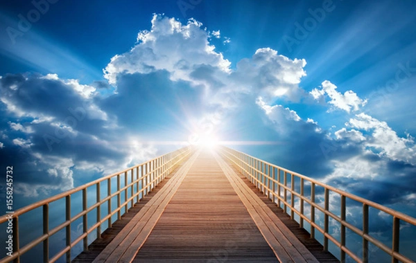 Obraz The road leading to heaven. The sun and the bridge to the sky. A good background on the topic of religion, faith, motivation, spiritual practice