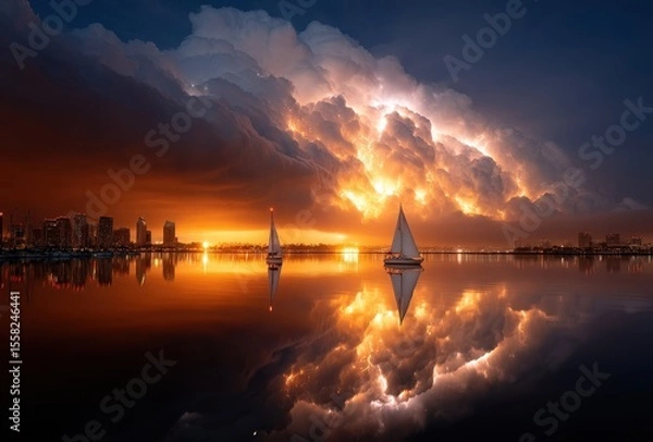 Fototapeta Serene Sunset Over City Skyline with Sailboats Gliding on Reflective Water Surrounded by Dramatic Clouds and Vibrant Colors of Evening Sky