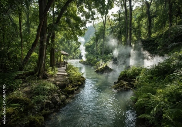 Fototapeta Serene Tropical River Surrounded by Lush Greenery and Misty Steam in a Tranquil Forest Landscape