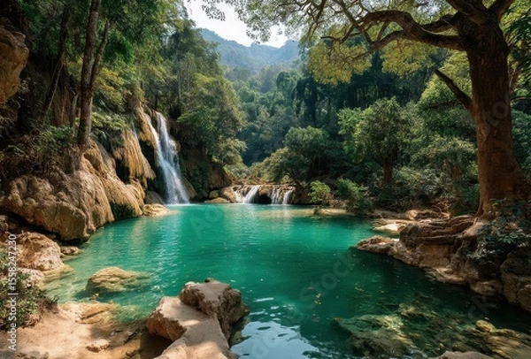 Fototapeta Serene Tropical Waterfall Surrounded by Lush Green Forest and Crystal Clear Blue Pool in a Tranquil Nature Scene