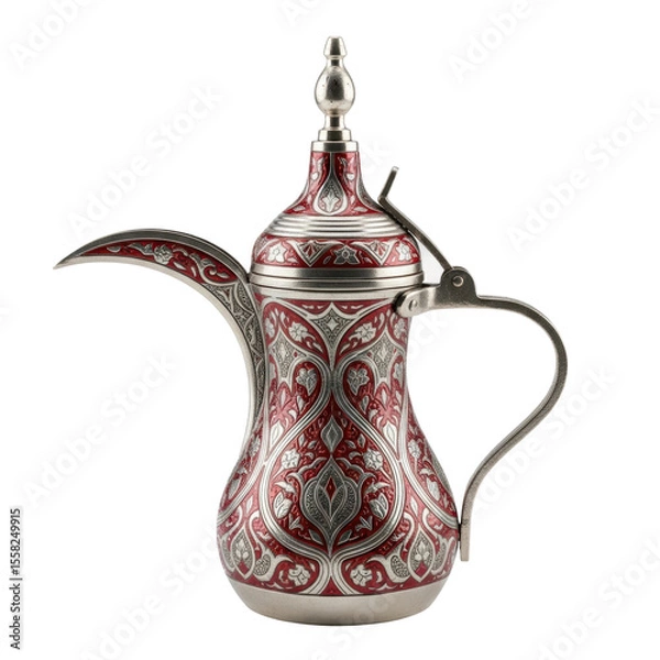 Obraz A beautifully decorated traditional arabic dallah coffee pot, featuring intricate red and silver patterns, often used for serving arabian coffee and symbolizing hospitality.