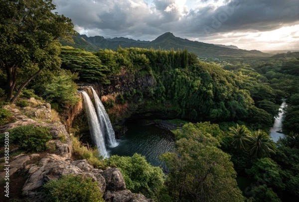 Fototapeta Serene Waterfall Cascading into Lush Green Valley Surrounded by Majestic Mountains Under a Dramatic Sky at Dusk