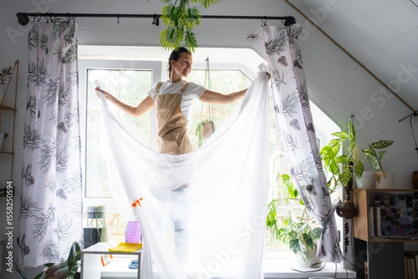 Fototapeta Woman in apron hangs transparent tulle curtains on large attic windows in the house inside the interior with potted plants. Spring cleaning, tidying up
