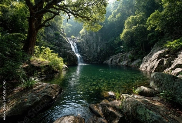 Fototapeta Serene Waterfall Cascading into Tranquil Pool Surrounded by Verdant Trees and Lush Foliage in a Sunlit Forest Oasis