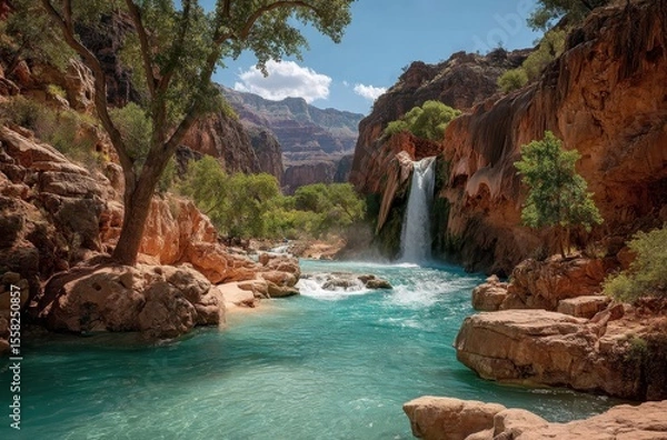 Fototapeta Serene Waterfall Cascading into Turquoise Pool Surrounded by Lush Greenery in Majestic Canyon Landscape under Clear Blue Sky