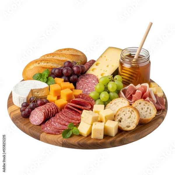 Obraz A delectable charcuterie board arranged with various cheeses, sliced cured meats, fresh grapes, crusty bread, and a jar of honey, perfect for entertaining or a gourmet snack.