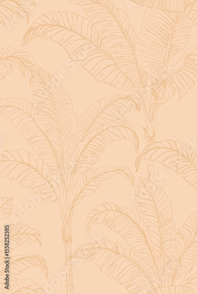 Fototapeta Tropical banana leaf line art on a soft peach background. Elegant botanical illustration, seamless pattern.