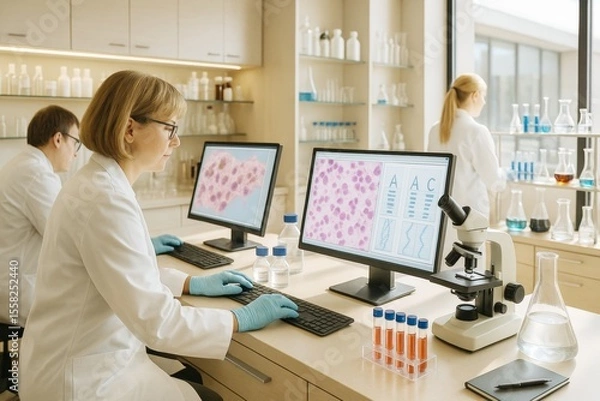 Fototapeta Scientists analyzing microscope data on dual monitors in modern lab with glassware, bright background, and advanced research setup.