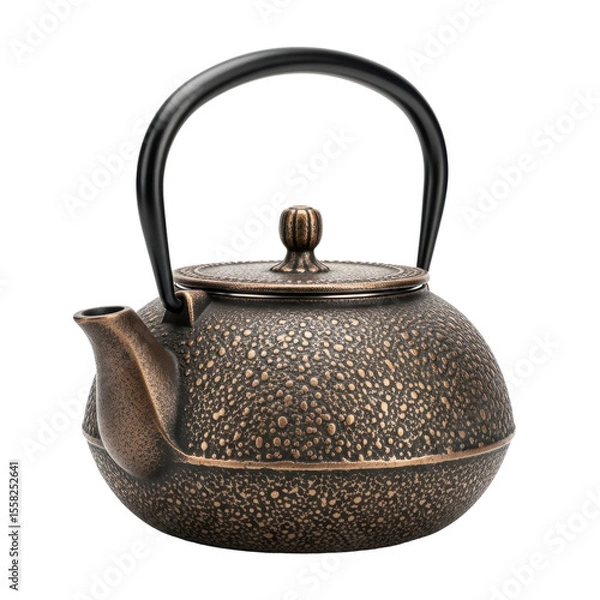 Obraz A dark, textured cast iron teapot with a black handle, perfect for brewing tea or as a decorative piece.