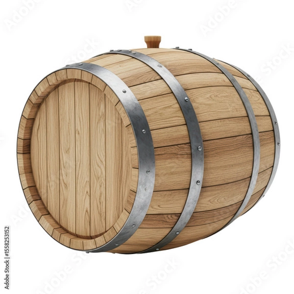 Obraz A traditional wooden barrel with metal bands, used for aging wine, whiskey, or beer. Ideal for cellar or distillery themes.