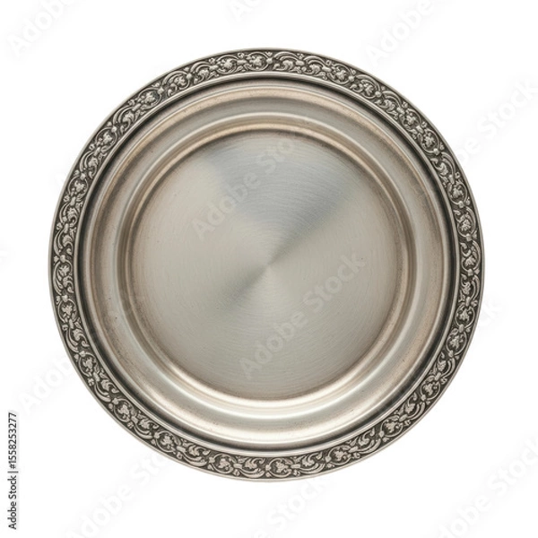 Obraz An elegant round silver plate featuring a beautifully embossed floral and scrollwork border, perfect for formal dining or decorative display.