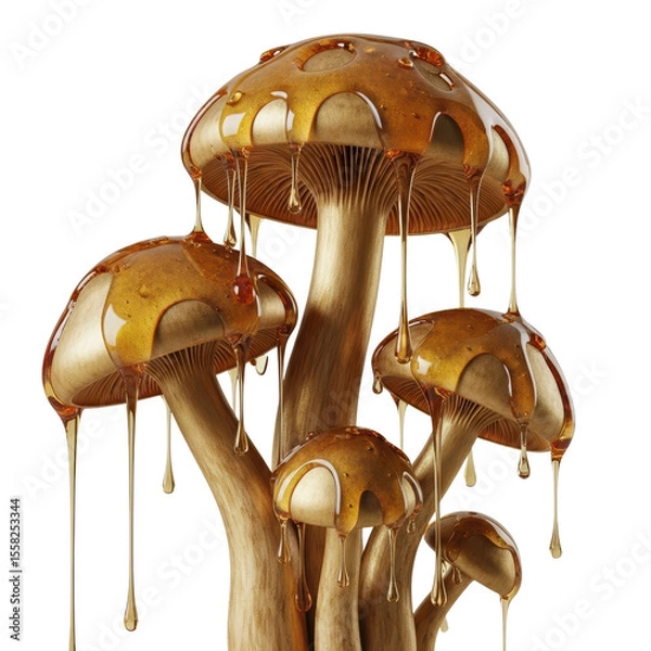 Obraz A whimsical cluster of golden mushrooms covered in thick, dripping honey. This fantastical image evokes sweetness and nature.