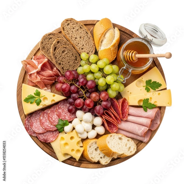 Obraz An appetizing charcuterie and cheese board featuring a selection of meats, cheeses, grapes, honey, and bread, ideal for parties and gatherings.
