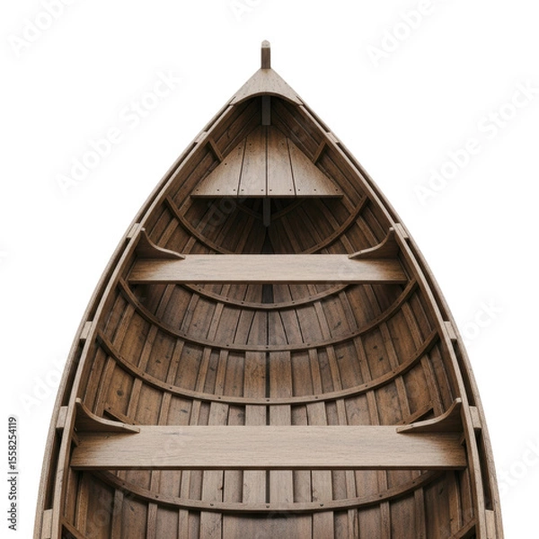 Obraz Empty wooden rowboat bow, viewed from above, showcasing its rustic interior. Ideal for nautical or heritage themes.