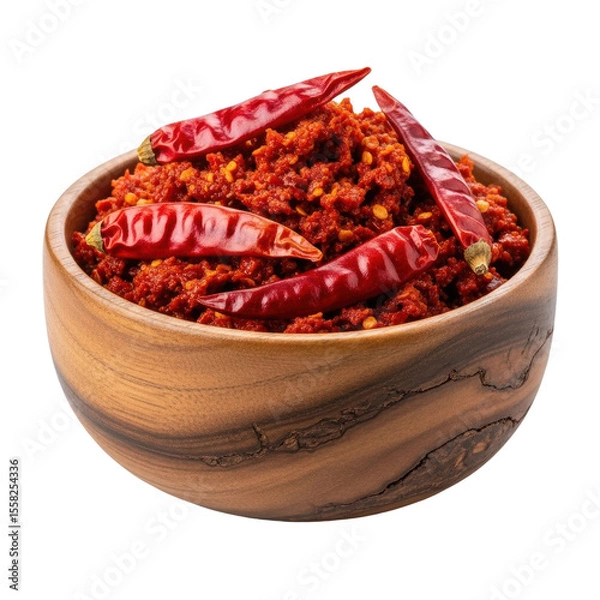 Obraz A vibrant red chili paste in a wooden bowl, garnished with dried red chilies. Ideal for adding a spicy kick to meals and culinary designs.