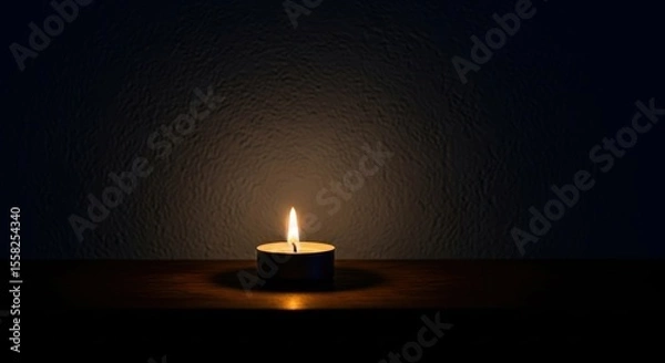 Obraz Single tea light candle with flame in dark environment, moody