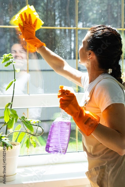 Fototapeta Woman in rubber gloves and apron manually washes window of house with rag cleaner and mop inside interior with home plants on windowsill. Restoring order and cleanliness in spring, cleaning servise