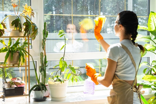 Fototapeta Woman in rubber gloves and apron manually washes window of house with rag cleaner and mop inside interior with home plants on windowsill. Restoring order and cleanliness in spring, cleaning servise