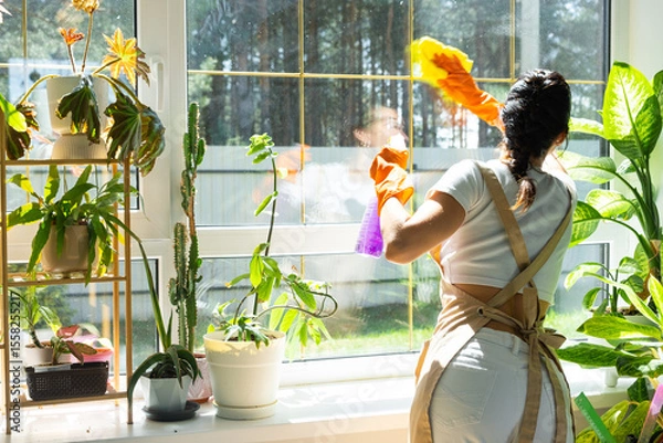 Fototapeta Woman in rubber gloves and apron manually washes window of house with rag cleaner and mop inside interior with home plants on windowsill. Restoring order and cleanliness in spring, cleaning servise