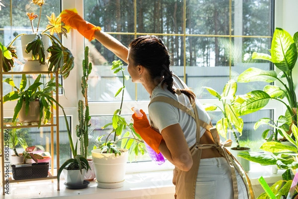 Fototapeta Woman in rubber gloves and apron manually washes window of house with rag cleaner and mop inside interior with home plants on windowsill. Restoring order and cleanliness in spring, cleaning servise
