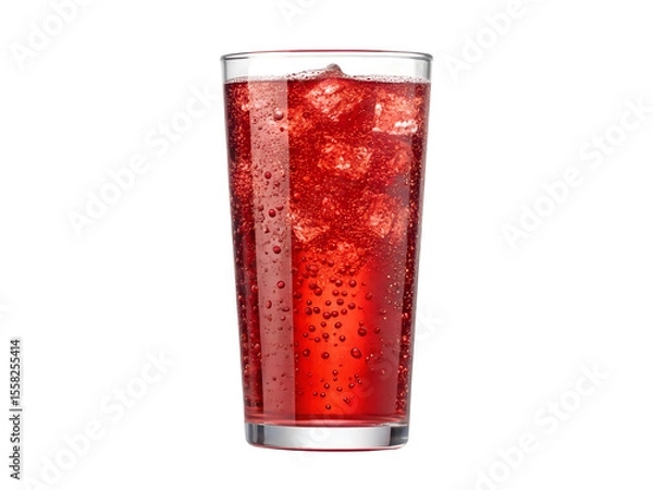 Obraz Tall clear glass of red sparkling drink with ice cubes and bubbles, isolated on transparent background for beverage design