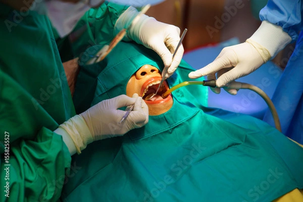 Fototapeta Dentist at work or Concentrated specialist removing tooth stone from client's teeth using ultrasonic scaler. Professional painless teeth cleaning at modern dental