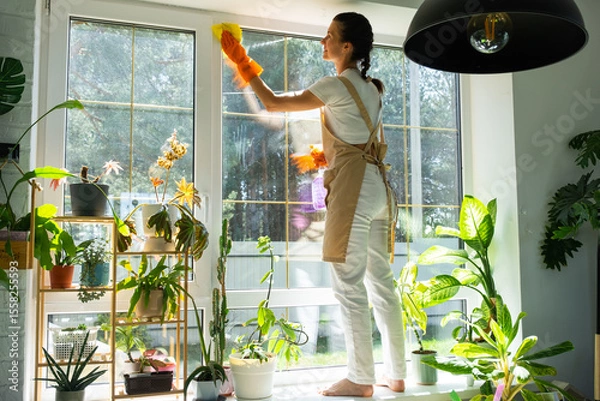 Fototapeta Woman in rubber gloves and apron manually washes window of house with rag cleaner and mop inside interior with home plants on windowsill. Restoring order and cleanliness in spring, cleaning servise