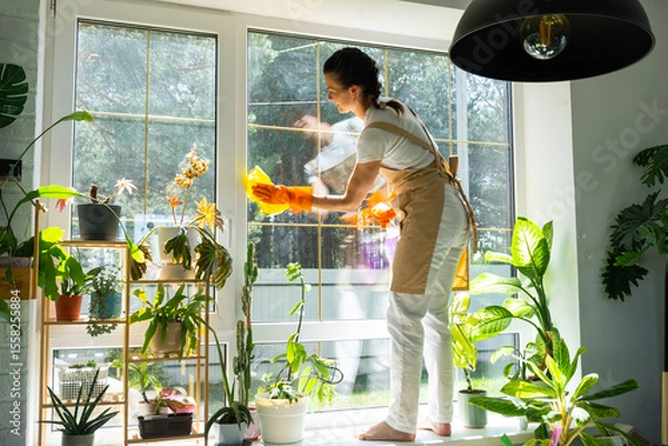 Fototapeta Woman in rubber gloves and apron manually washes window of house with rag cleaner and mop inside interior with home plants on windowsill. Restoring order and cleanliness in spring, cleaning servise