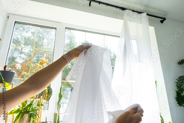 Fototapeta Woman in apron hangs transparent tulle curtains on large windows in the house inside the interior with potted plants. Spring cleaning, tidying up