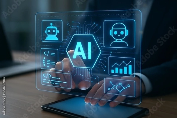 Fototapeta Person Interacting with A I Interface on Tablet Blue Glowing Icons