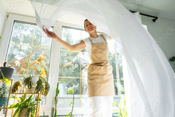 Fototapeta Woman in apron hangs transparent tulle curtains on large windows in the house inside the interior with potted plants. Spring cleaning, tidying up