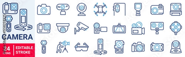 Fototapeta Video Camera web line icon set. CCTV camera. VR, film cameras. drone.