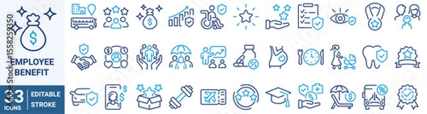 Fototapeta Employee benefit web line icons. Included icons as teamwork, insurance, paid Vacation, pension, social Security. Vector illustration. editable stroke